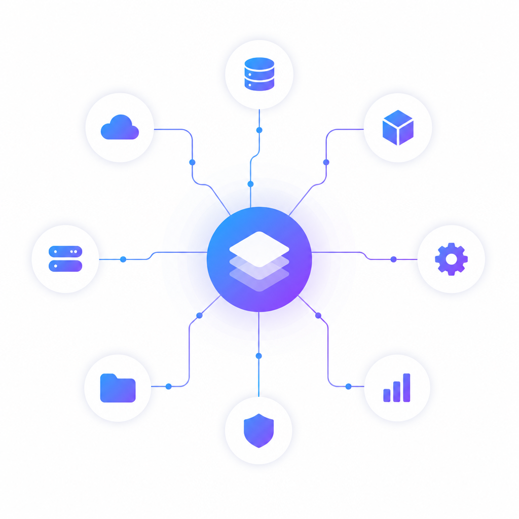 Central orchestration hub connected to multiple systems