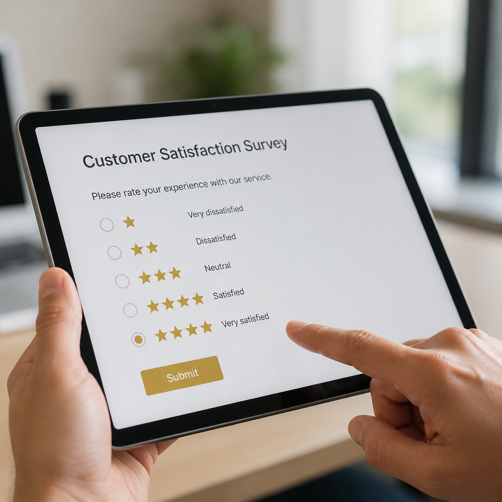 Customer satisfaction survey with five-star rating on a tablet
