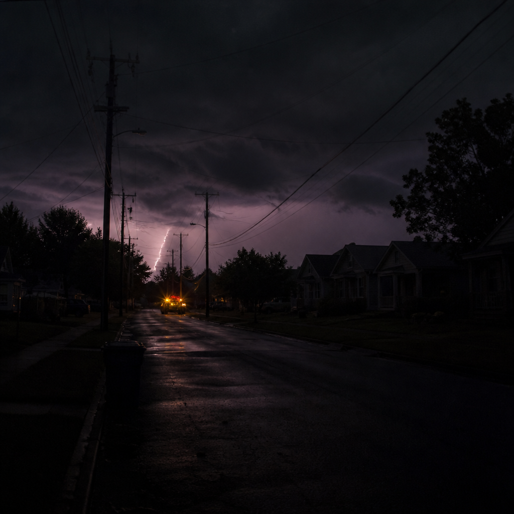 Neighborhood during a power outage with utility response nearby