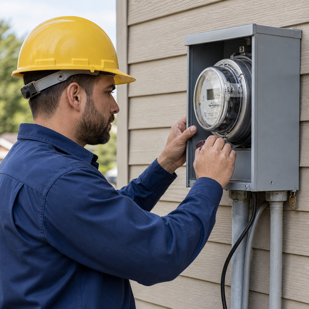 Utility technician inspecting a residential electrical meter