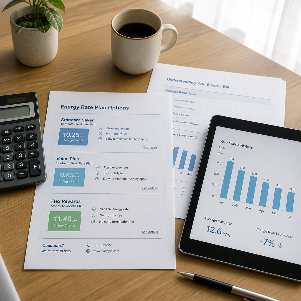 Energy rate plan documents and usage chart on a desk