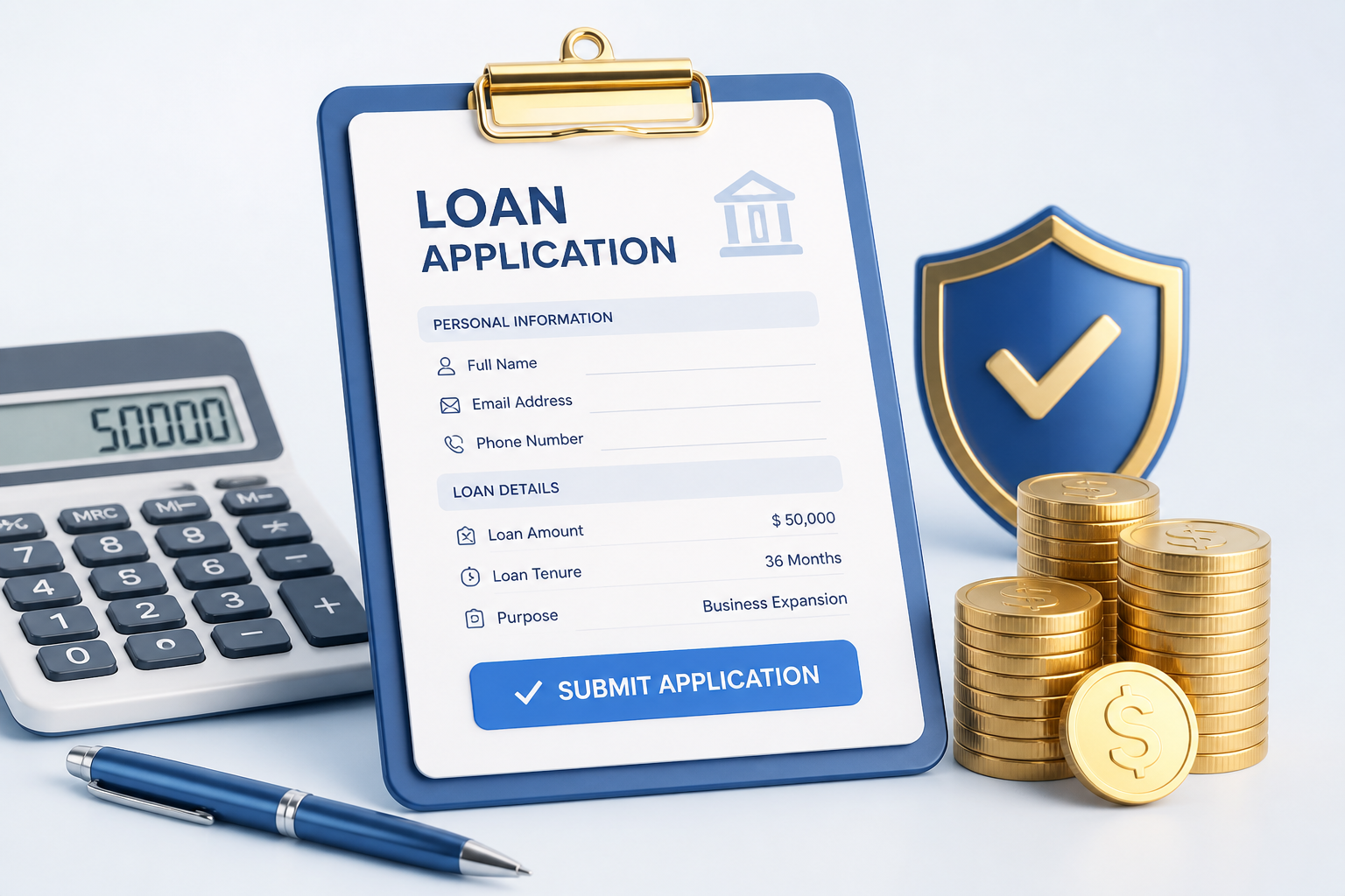 Loan application clipboard with coins