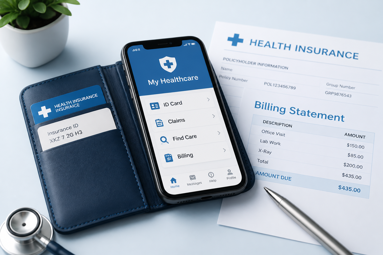 Healthcare billing and insurance documents with phone