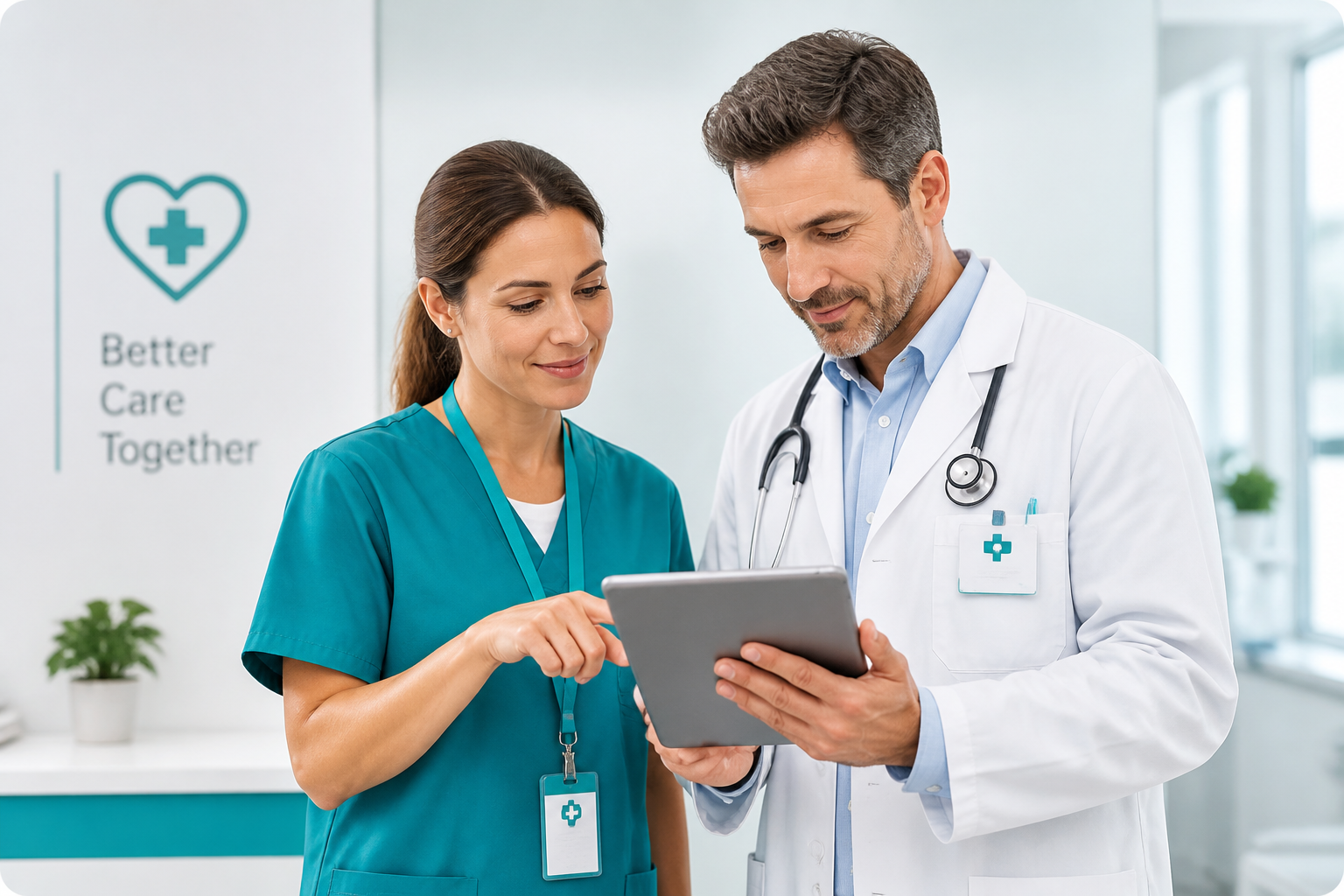 Healthcare professionals coordinating care with a tablet