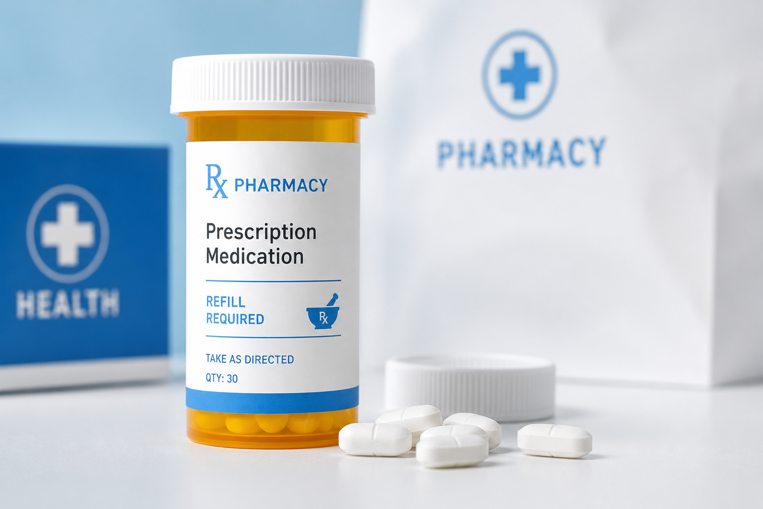 Medicine bottle and pills for prescription refill