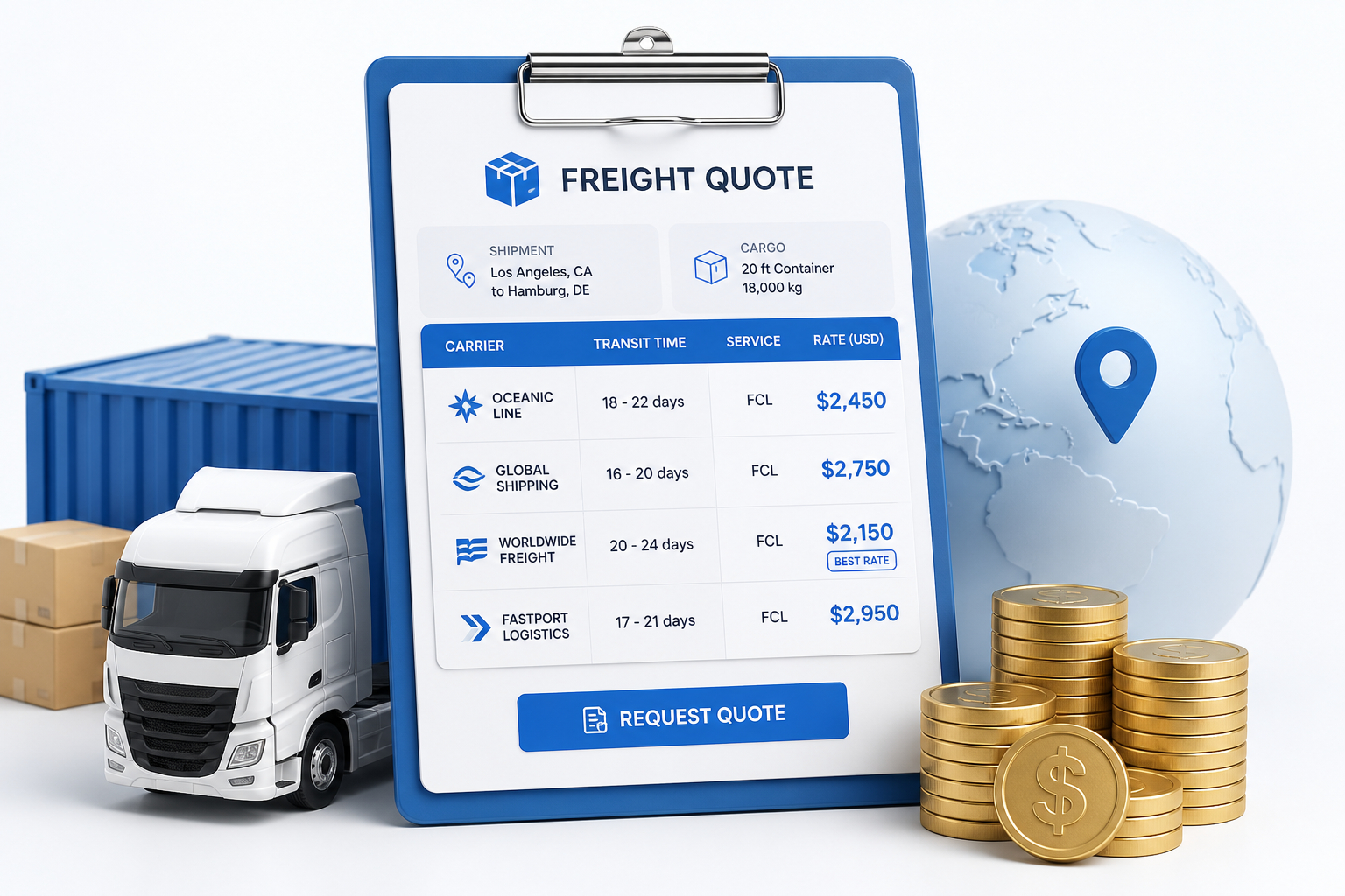 Freight quote clipboard with rates and coins