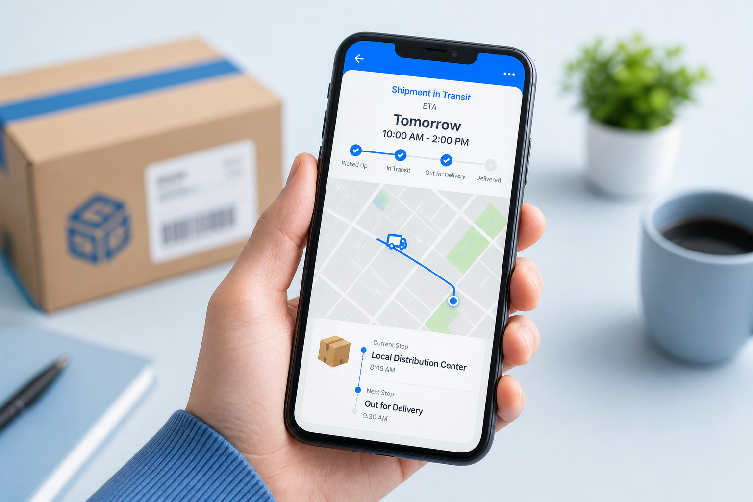 Smartphone showing live shipment tracking status